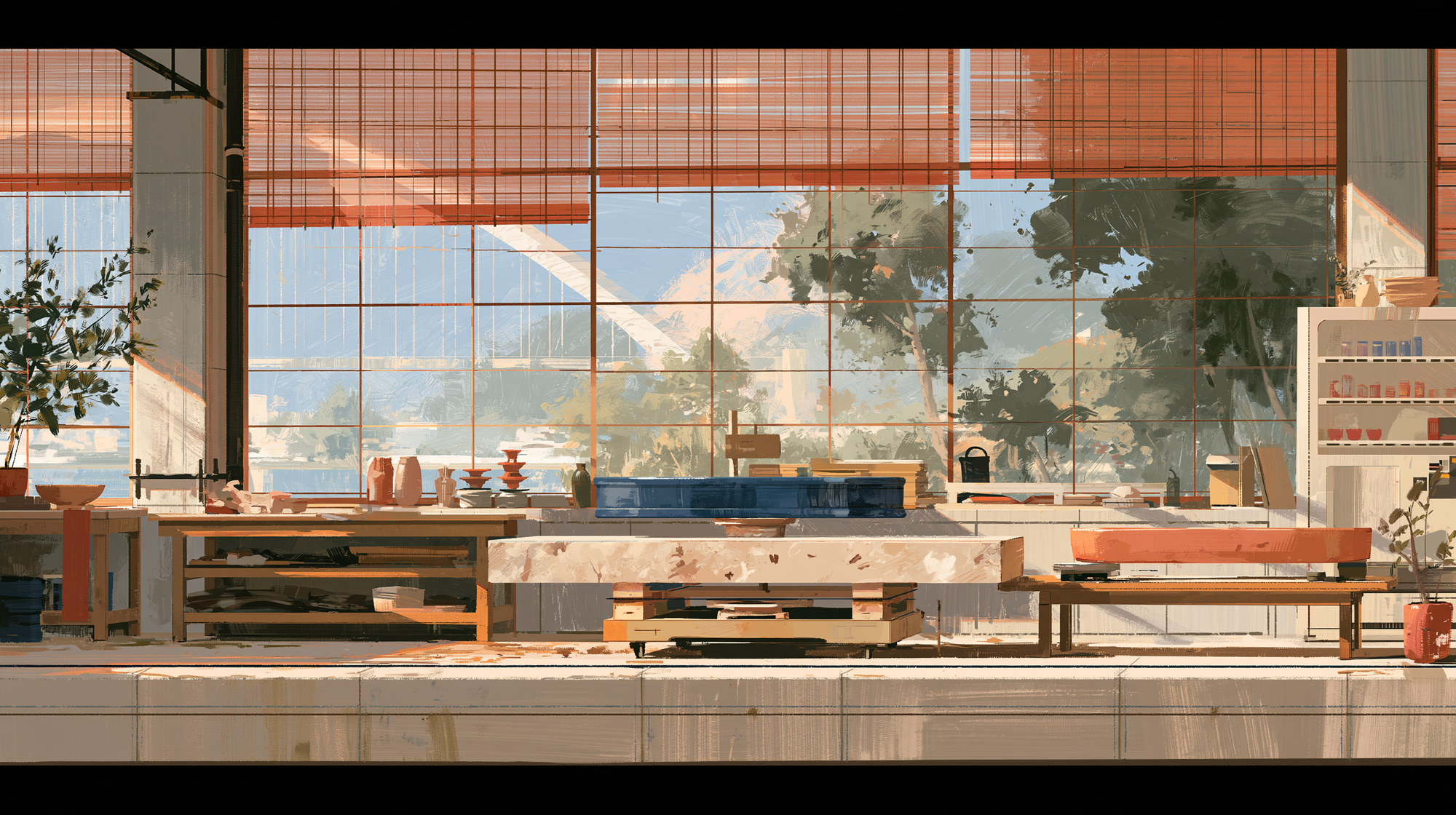 Sunlit workshop with modular benches and reusable materials, illustrating retained knowledge and replaceable components.
